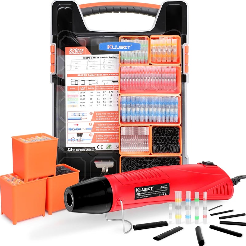 Kuject Heat Gun for Shrink Tubing, 820PCS Solder Seal Wire Connectors & Heat Shrink Tubing Kit, Waterproof Heat Shrink Wire Connectors Kit with Mini Heat Gun for Marine Automotive Wiring, AWG 26-10 - Image 1